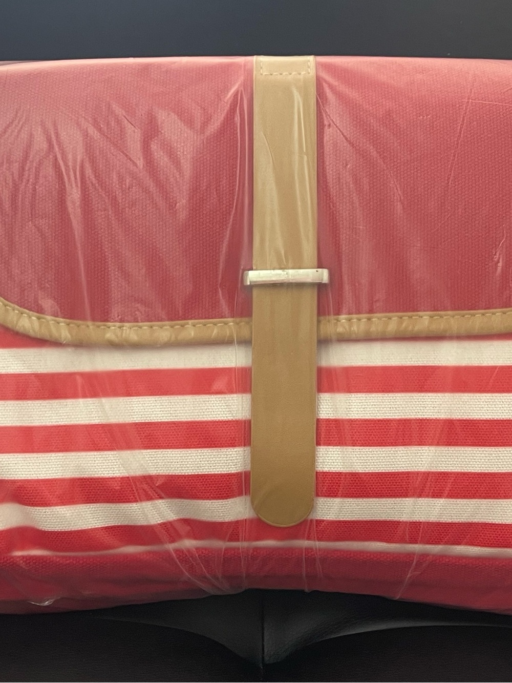 Striped Red and White Storage Tote with Tan Accent